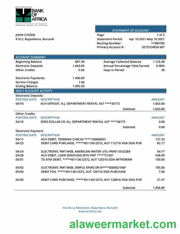 Burundi Bank of Africa bank statement Word and PDF template
